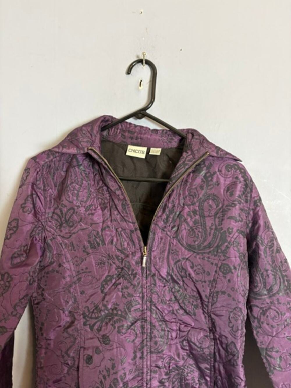 Chico's Womens Purple Paisley Hooded Zip Front Jacket Size 0